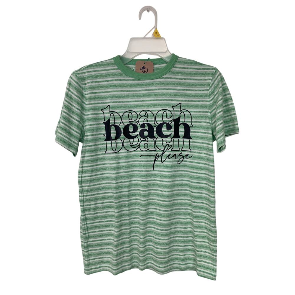 New Upcycled Hand Printed Womens Medium Striped Beach Please Crew Neck Tee